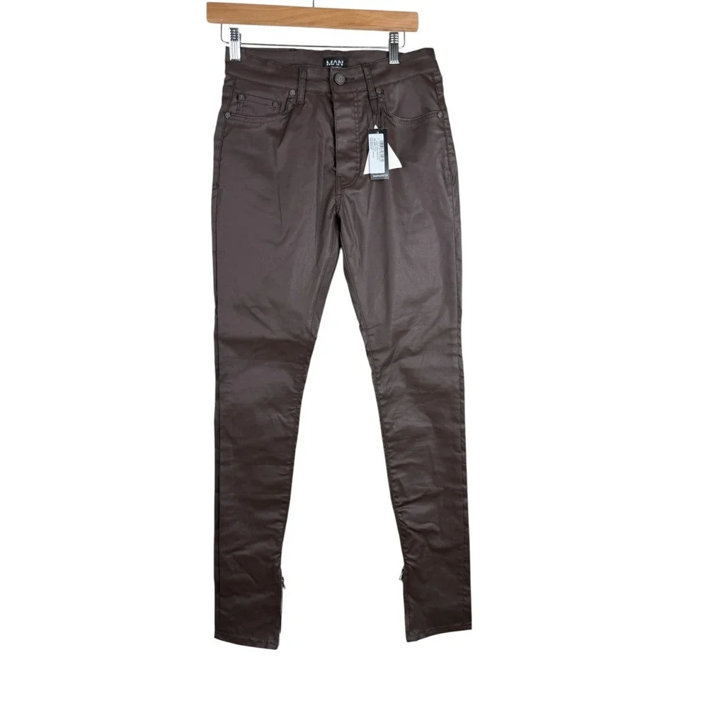 New Boohoo Man Skinny Button Fly Coated Jeans size 30 Dark Brown